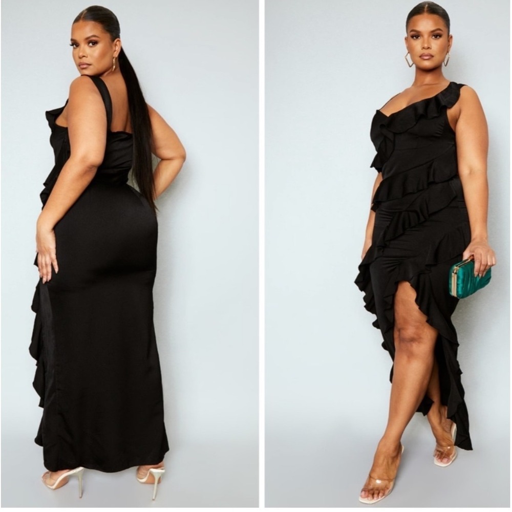 PRETTYLITTLETHING PLUS Black‎ Ruffle Tank Dress Size US 18 Slit